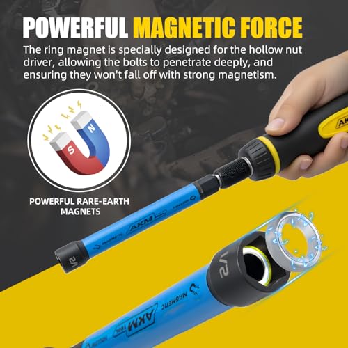 6 PCS Hollow Nut Driver Set, Magnetic nut driver set, Hollow Shaft Nut Driver Set, SAE, Color Coded, Hex Sizes, 1/4 to 9/16-Inch, Nut Setter, Hollow Nut Driver with 5-Inch Extended Reach 6 PCS Hollow Magnetic Nut Driver Set