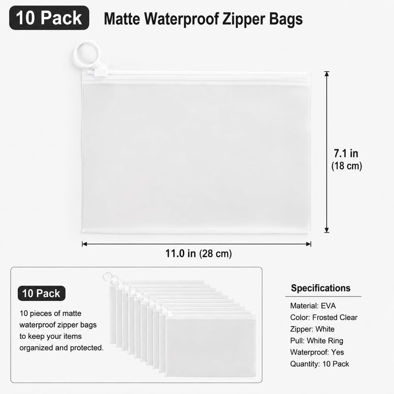 10 Pack Waterproof Clear Pouches, 11" x 7.1" Matte Storage Organizer, Zipper Plastic Bags for Office Supplies Makeup Cable Electronics for Travel Home Organizing, White Large