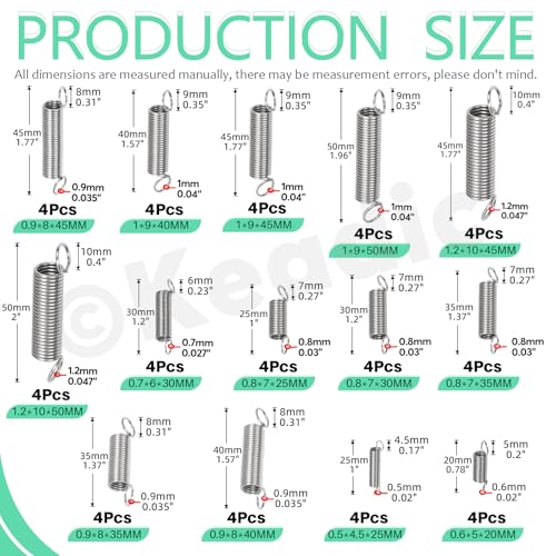 Keadic 100Pcs 25 Sizes Stainless Steel Extension Spring Assortment Set, 0.3/0.4/0.5/0.6/0.7/0.8/0.9/1/1.2mm Wire Diameter Small Mechanical Springs for Shop Home Repairs K2537