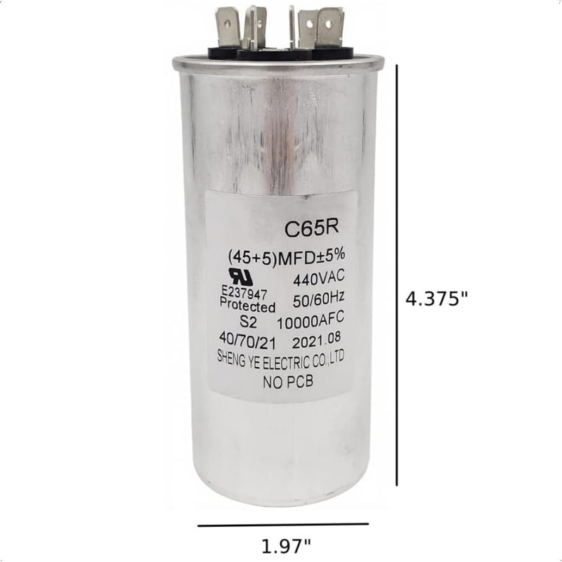 C65R Capacitor 45+5 uF (3 terminals) 440VAC 45/5 MFD 50/60 Hz Motor Round Dual Run for Air Conditioners, Dehumidifiers, Washing Machines, Dishwashers, Pools Pumps E237947 C65R, 45uf + 5uf (3 terminals), 440VAC