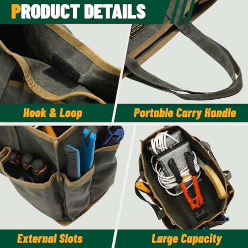 Tool Tote Bag, Heavy Duty 16oz Waxed Canvas Garden Tool Bag | Portable 11-Pocket Tool Storage Bag for Gardener Electrician Contractor Repairman (14"L x 5.5"W x 10.5"H) – Army Green ArmyGreen