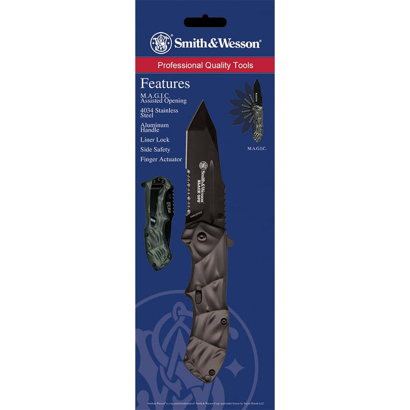 Smith & Wesson Black Ops Silver Handle Folding Knife with Pocket Clip, Aluminum Handle, 3.4" Blade, Stainless Steel Blade, For Tactical, Survival, Outdoors, and Everyday Carry Tanto