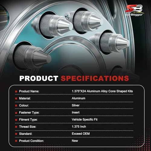 1.375''X24 Cone Shaped Parts Aluminum Alloy Cones Sealed End Cap Compatible with Kenworth Peterbilt Volvo Freightliner Mack International Trucks-12PCS Silver