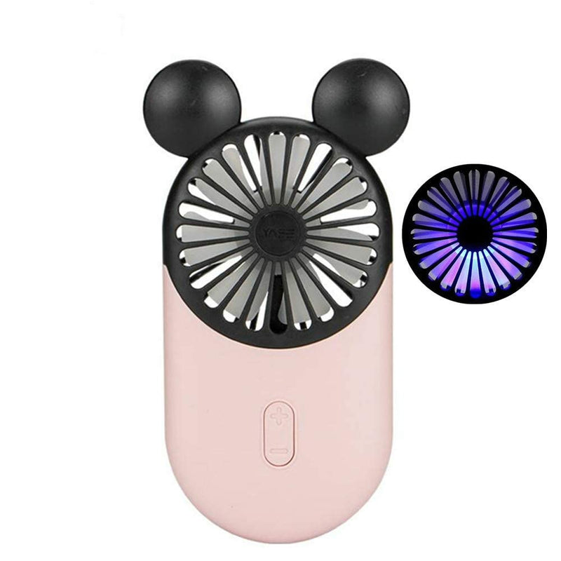 Cute Personal Mini Fan, Handheld & Portable USB Rechargeable Fan with Beautiful LED Light, 3 Adjustable Speeds, Portable Holder, for Indoor Or Outdoor Activities, Cute Mouse (Pink) Pink