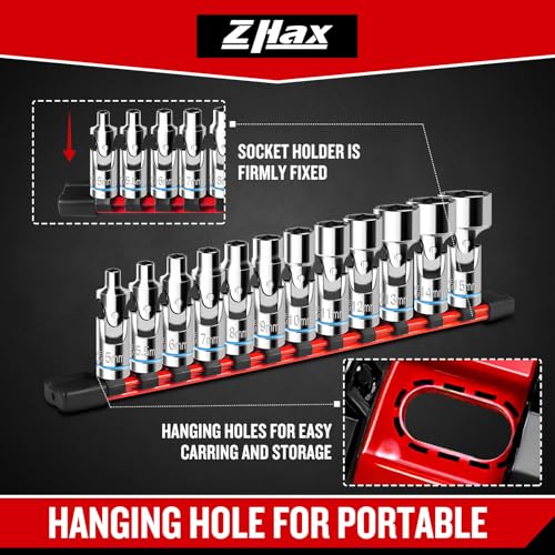ZHAX 12-Piece 1/4” Drive Universal Flex Socket Set, 6-Point Metric (5-15mm) Swivel Joint With CR-V Steel for Tight Spaces