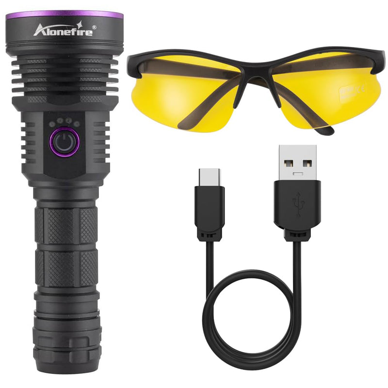 ALONEFIRE SV43 36W 365nm UV Flashlight USB C Rechargeable Ultraviolet Black Light Woods Lamp for Pet Urine Detector, Resin Curing, Scorpion, Bed Bug, Fishing, Leak with UV Protective Glasses, Battery