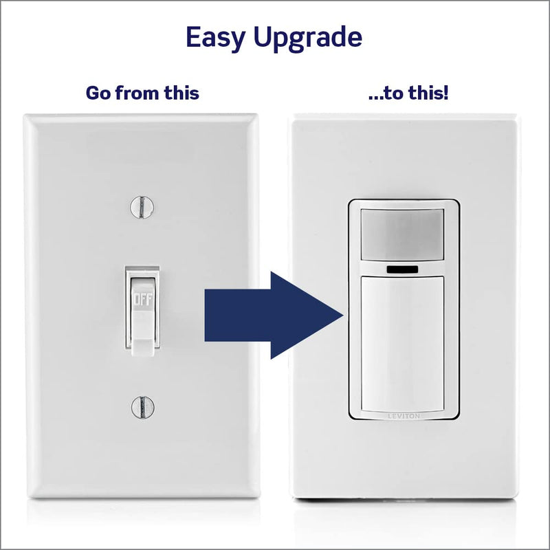 Leviton Motion Sensor Light Switch, Motion Activated, Auto-On/Auto-Off or Manual-On, 5A, No Neutral Wire Required, Single Pole or 3-Way, DOS05-1LZ, White/Ivory/Light Almond