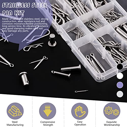 Swpeet 122Pcs 304 Stainless Steel M4 M6 M8 Clevis Pin with M1.5 M2 M3 Zinc Plated Steel Cotter Pin and Clips Fastener Set Hitch Pin Clips Fastener Fitting Hole Location Pin T-Shape Round Pin