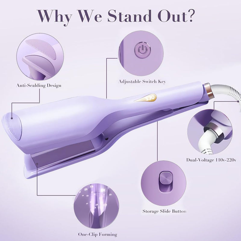 Hair Waver Crimper, 32mm Mermaid Hair Waver for Women, French Wave Curling Iron with 11 Temperatures, Anti-Scald Iron Wand Hair Curler for Short, Medium, Long Hair(Purple) Purple
