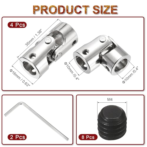 MECCANIXITY 4Pcs 10mm to 10mm ID Steering Universal Joint Shaft Coupling, SAE 1045 Steel 45°Degree Rotatable Joints Coupler with Screws Wrench Set for Model Car Ship Drive Shaft Motor