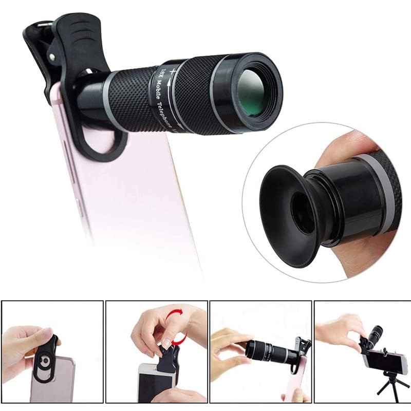 Daily Use 18x Zoom Wide Angle HD Telephoto Phone Camera Lens for Mobile - No Black Corner Universal Optical Zoom ? with Clip and Tripod.