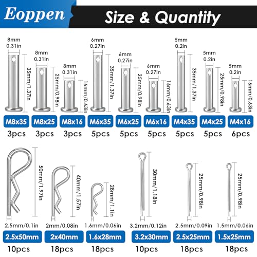 132Pcs Clevis Pin Cotter Pin Hair Pin Assortment Kit - 304 Stainless Steel 15 Sizes Cotter Pin & R Clips Pin Zinc-Plated Single Hole Flat Head Clevis Pins 132Pcs - 15 Sizes
