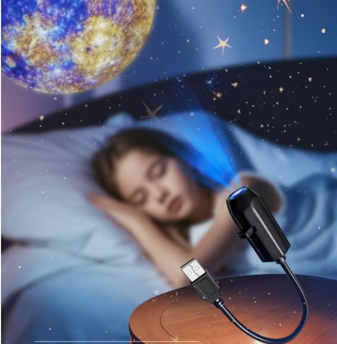 USB LED Moon Projection Light, 360 Rotating Adjustable Projector Lamp with Replaceable Pattern Head for Bedroom, Living Room, Party and Home Decor