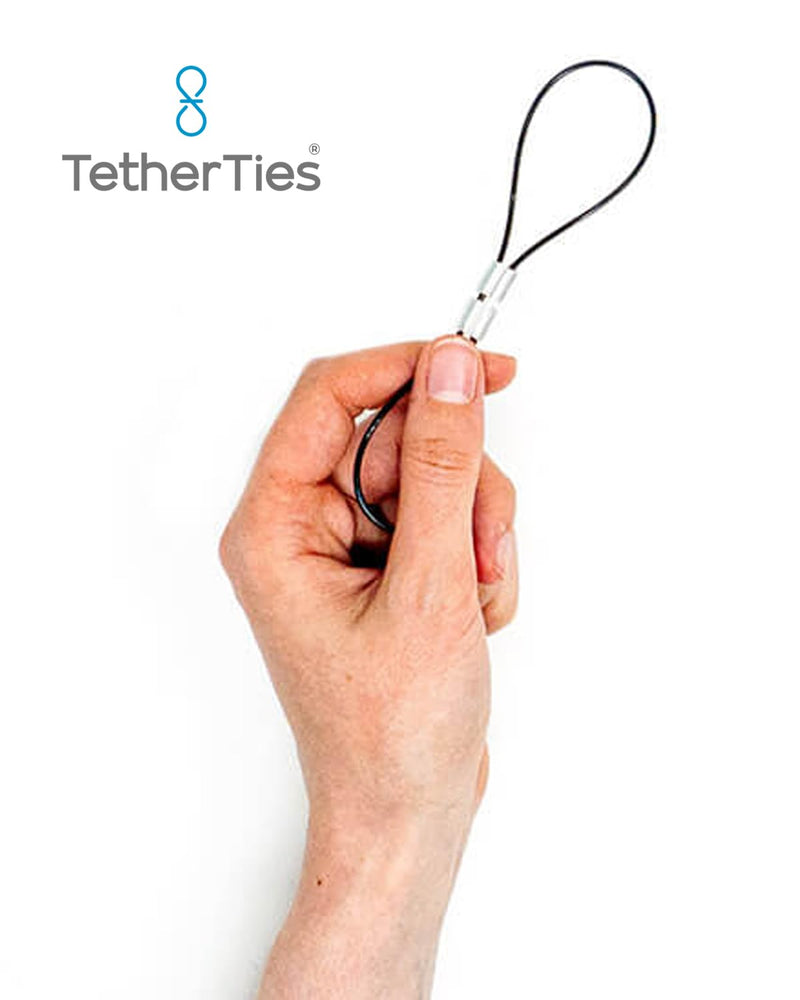 Patented Pre-Assembled Adapter Ties - Anti-Theft Cable Locks for Tools, Dongles, Tethers, Computer adapters. Steel Cable, Security Lock, Easy Installation with Free Crimping Tool Black 5 Pack TetherTies Cable Tethers