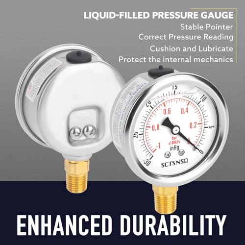 30 inHg-0 Pressure Gauge, Liquid Filled, 1/4" NPT Lower Mount -30 inHg-0