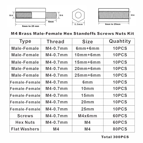 300PCS M4 Brass Male-Female Hex Standoffs Spacers Screws Nuts Flat Washers Assortment Kit;Female Lengths:6mm to 25mm