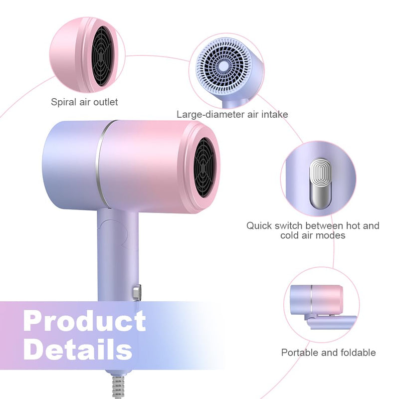 Travel Hair Dryer, Hair Dryer, Fast Drying Ionic Hairdryer with Hot and Cold Button, Small Hair Blow Dryer with 1 Concentrator, Fast Drying Blow Dryer for Home, Travel, Salon (Gradient Colour) Gradient Colour