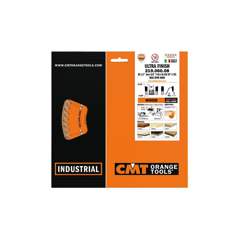 CMT Orange Tools 219.060.08 - Sliding Compound Miter Saw Blade HW D=8-1/2 B=5/8 Z60 K=0.118 P=0.100 a=-5 D 8-1/2-Inch | T 60 | B 5/8-Inch