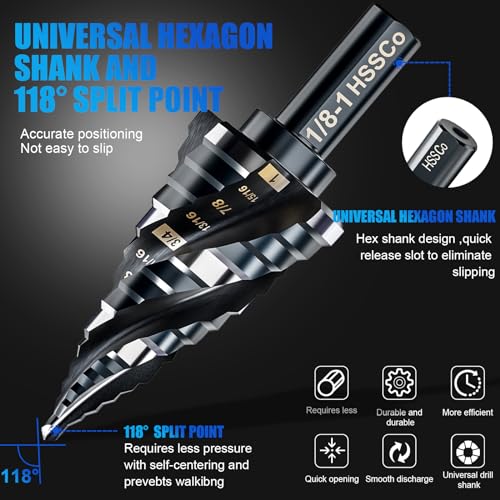 Four Spiral Flute M35 Step Drill Bit Set 1/8"-1"(9 Sizes), 3/8" Shank for Metal Step Drill bit, Impact Resistant Cobalt Step Drill Bit, for Stainless Steel, Wood, Aluminum, Plastic Spiral 1/8"-1"