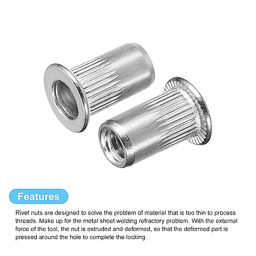 uxcell #8-32 Rivet Nuts, 100pcs 304 Stainless Steel Knurled Flat Head Threaded Insert Nuts for Metal, Plastic 100