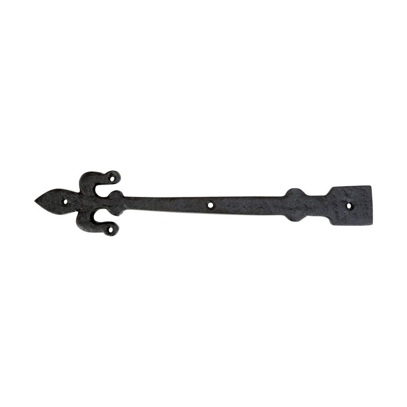 Renovators Supply Manufacturing Black Wrought Iron Garage Door Decorative Hardware Fleur De Lis Design 12 in. Rust Resistant Dummy Strap Hinge with Mounting Hardware Pack of 2