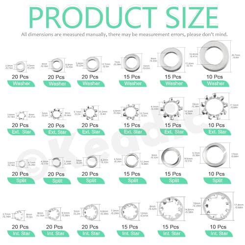 Keadic 400Pcs Split Lock Washer & External & Internal Star Washers and Flat Washer Assortment Kit, 304 Stainless Steel Spring Lock Washers Set- #6,#8,#10,1/4" 5/16" 3/8"(Imperial) Imperial