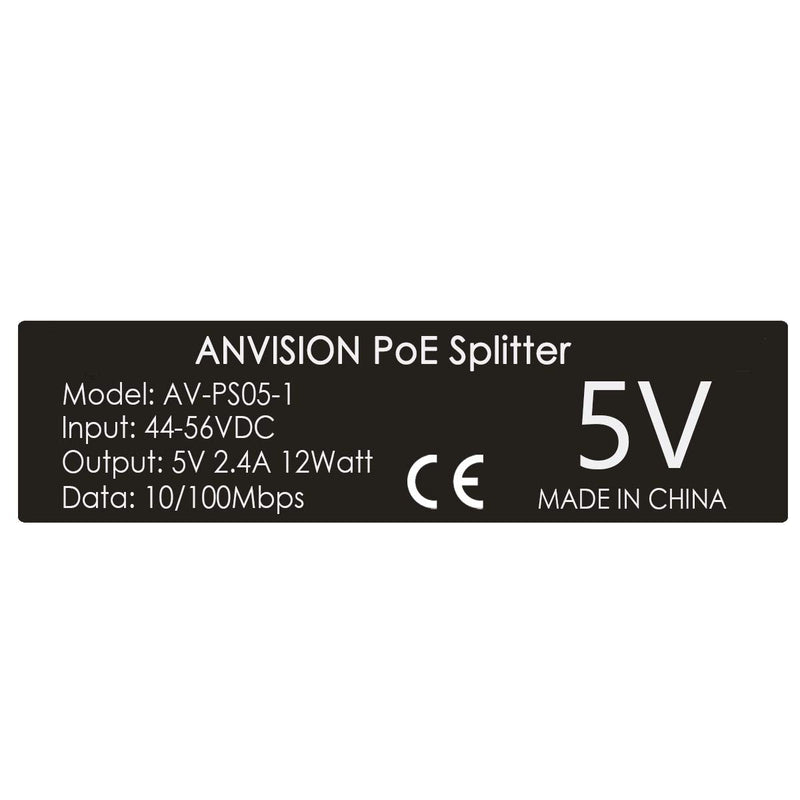 ANVISION 5V PoE Splitter, 48V to 5V 2.4A Adapter with Micro USB Plug, IEEE 802.3af Compliant, for IP Camera, Tablets, Dropcam or Raspberry Pi and More, AV-PS05-1