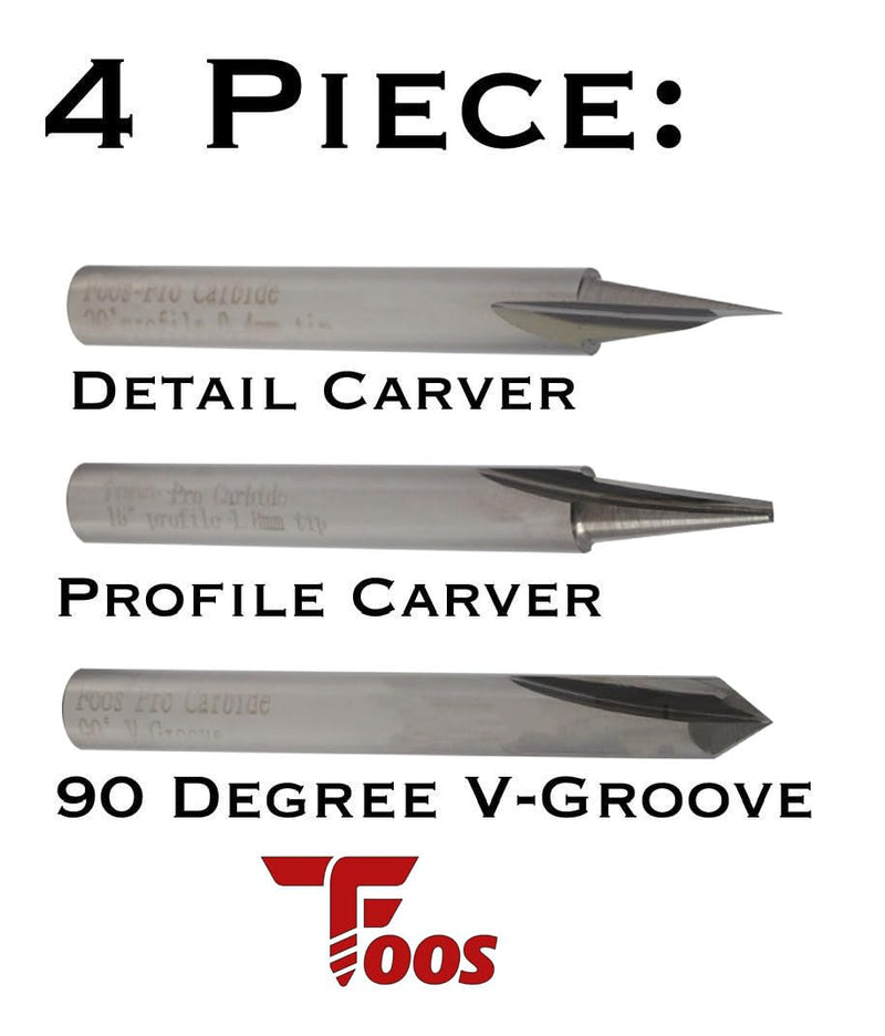 FOOS Wood Carving Router Bit Set - 3pcs 15°,20°,90° (3 Flutes) - Solid Carbide - 1/4” Shanks - USA Veteran Owned