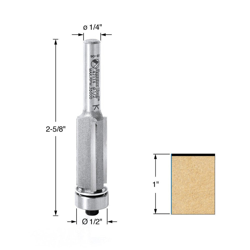 Amana Tool - 47114 Carbide Tipped Flush Trim 1/2 Dia x 1" 4 Shank 3-Flute
