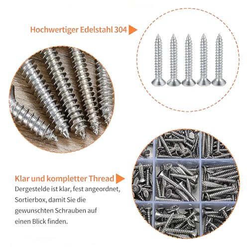 XIQILUOSI 304 Stainless Steel Flat Head Self-Drilling Tapping ScrewsM3-M5Various Sizes, 380PCS Countersunk Star/Flower Groove Self-Tapping Screw Set