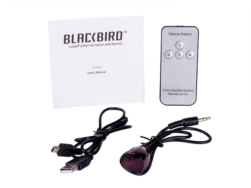 Monoprice Blackbird Toslink S/PDIF 4x1 Switch with IR Remote Control, USB Powered, 4 Input 1 Output, Such as Television, Amplifier