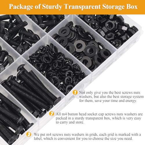 376 Pieces M4 Screws Nuts Washers Set Black, Sutemribor M4 x 6/8/12/16/20/25/30mm Button Head Socket Cap Screws Nuts Washers Assortment Kit, 10.9 Grade Alloy Steel, Fully Threaded