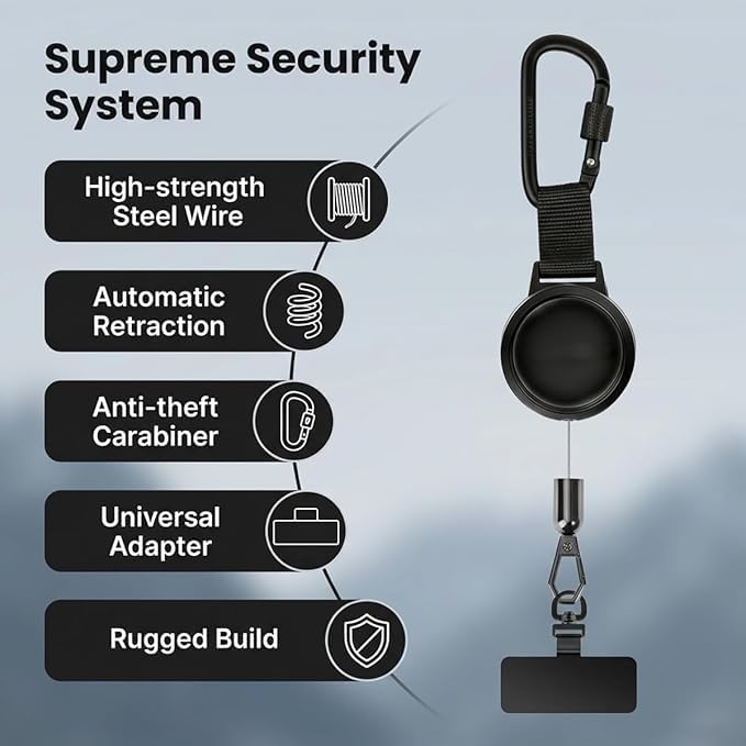 2 Pack Anti-Theft Phone Tether, Retractable Phone Lanyard with Steel Cable, Locking Carabiner & 360° Swivel, Universal Phone Tether Tab for Outdoor Skiing, Hiking, Fishing, Travel & Daily Use, Black