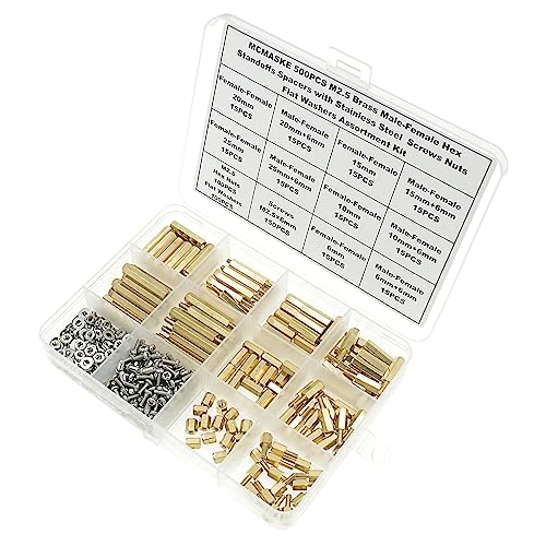 500PCS M2.5 Brass Male-Female Hex Standoffs Spacers Screws Nuts Flat Washers Assortment Kit;Female Lengths:6mm to 25mm