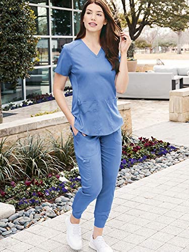 Med Couture V-Neck Scrub Top for Women with 4 Pockets, Rib-Knit Side Panel, and Shirttail Hem MC7459 Medium Black