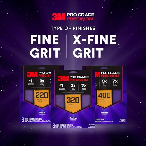 3M Pro Grade Precision Faster Sanding Sheets, NO-Slip Grip Backing, Assorted Grits 220/320/400, 9" x 11", 3 Sheets Each, 9 Total Assorted Grits 220/320/400, 3 Sheets Each, 9" x 11" 9.0