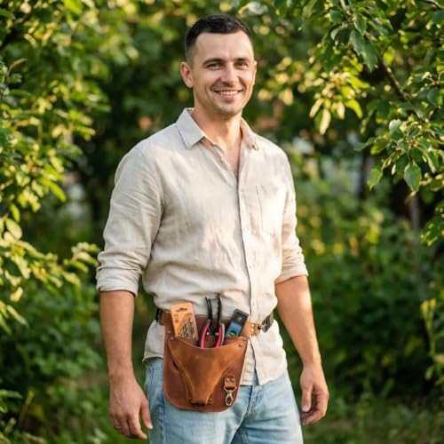 Leather Florist Tool Belt – Garden Tool Pouch with Adjustable Belt, Genuine Leather Gardening Waist Bag for Florists & Gardeners, Utility Floral Tool Holder, Warm Brown