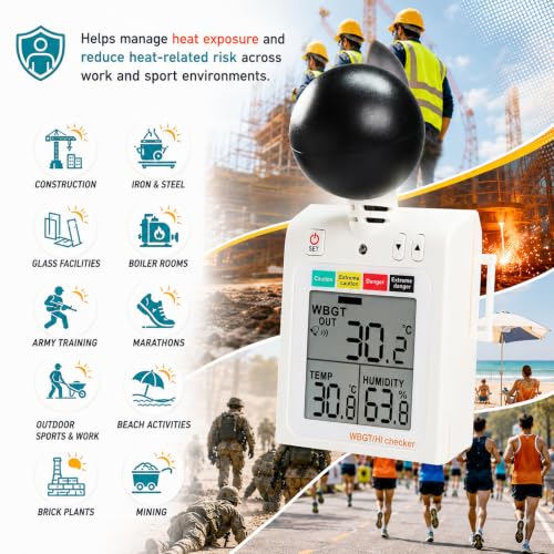 Wearable WBGT Heat Index Meter | Portable 40mm Black Ball Heat Stress Tester Air Globe Temperature Humidity Tester with Dangerous Level Indicator, 4-Level LED/Buzzer Alarm, Tripod Mount & IN/OUT Modes