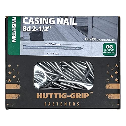 Huttig-Grip Heavy Duty Casing Nail 8d 2-1/2 inches Finish Trim Series for Window and Door Frame Assembly, OG Outdoor Galvanized, 1 lb Pack of 133 Nails Apprx. 2-1/2 inches - 1 lb Pack