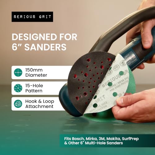 Serious Grit - 6-Inch 15-Hole Sanding Discs - P80-220 Assortment - 50 Pack Mixed Grit