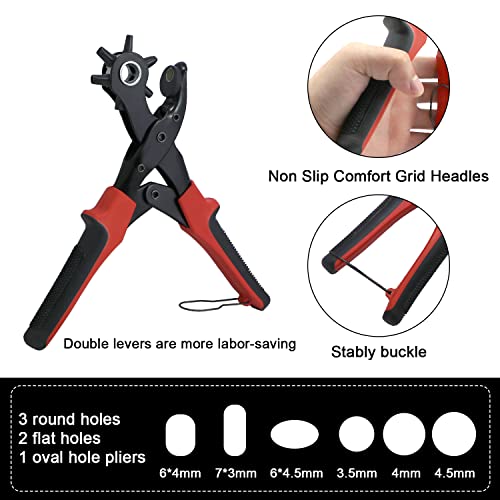 Belt Hole Puncher for Leather Heavy Duty Non-Slip Handle Rotating 6 Heads Professional Punch Tool Revolving Punch Plier Kit (3 Round Holes + 2 Flat Holes + 1 Oval Hole) 3 round holes + 2 flat holes + 1 oval hole