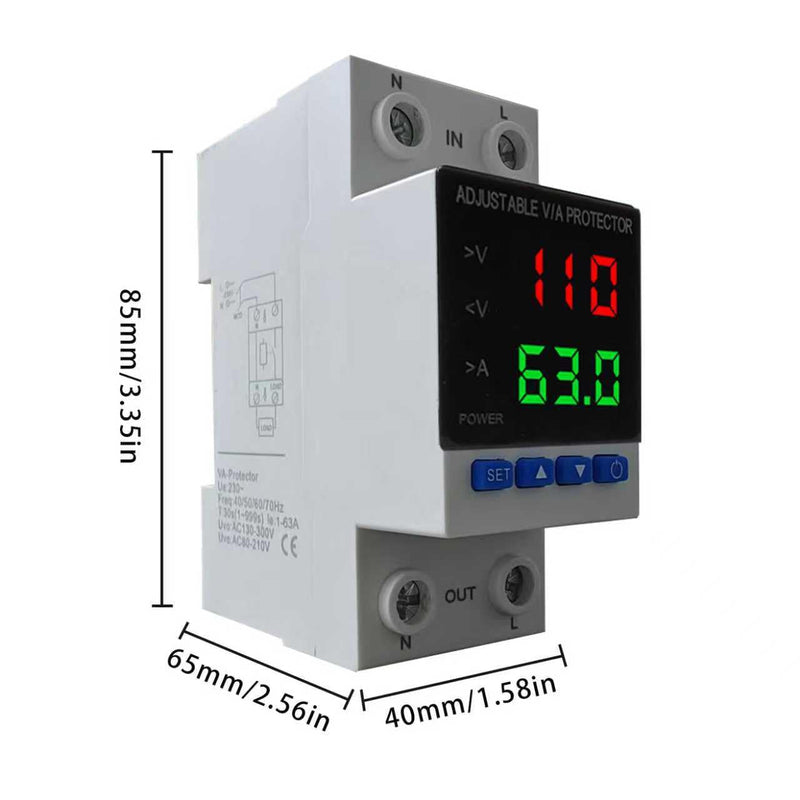 Voltage Protector, AC 110V 220V/DC 80-300V, 1-63A Adjustable Smart Circuit Breaker, Over Voltage & Under Voltage Cut Off, DIN Rail Mount, 2 Pack 63A-2 PCS