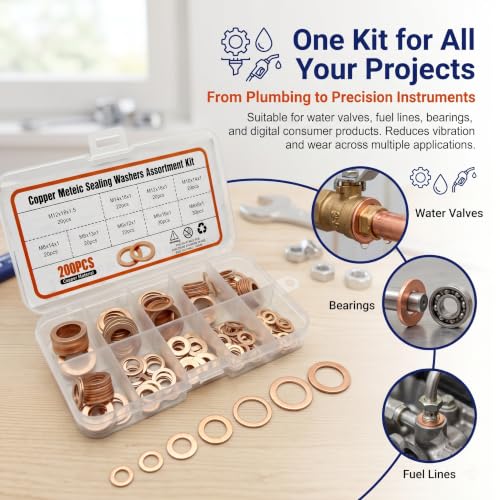 200 PCS Copper Crush Metric Washers Assortment Kit, M5 M6 M8 M10 M12 M14 Flat Copper Crush Gaskets, Heat Resistant Sealing Leak Proof Flat Washer Kit, Universal for Cars Motorcycles (Gold)