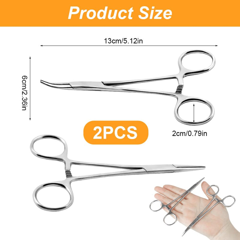 Ainiv 2 Piece Hemostat Curved and Straight Stainless Steel Self-Locking Fishing Forceps Piercing Remover Tool Piercing Grabber Tool for Nurses Pet Grooming Care Fishing DIY Crafting(5") 5" 2pcs Silver(straight+curved)