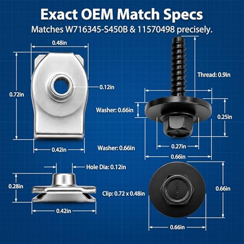 Fender Liner Bumper Cover Splash Shield Wheelhouse Liner Bolt Screw U Nuts Kit ， Fender Liner Screw – W716345-S450B, 11570498 – Compatible with Ford, Malibu, Cadillac, Edge, 10 Set