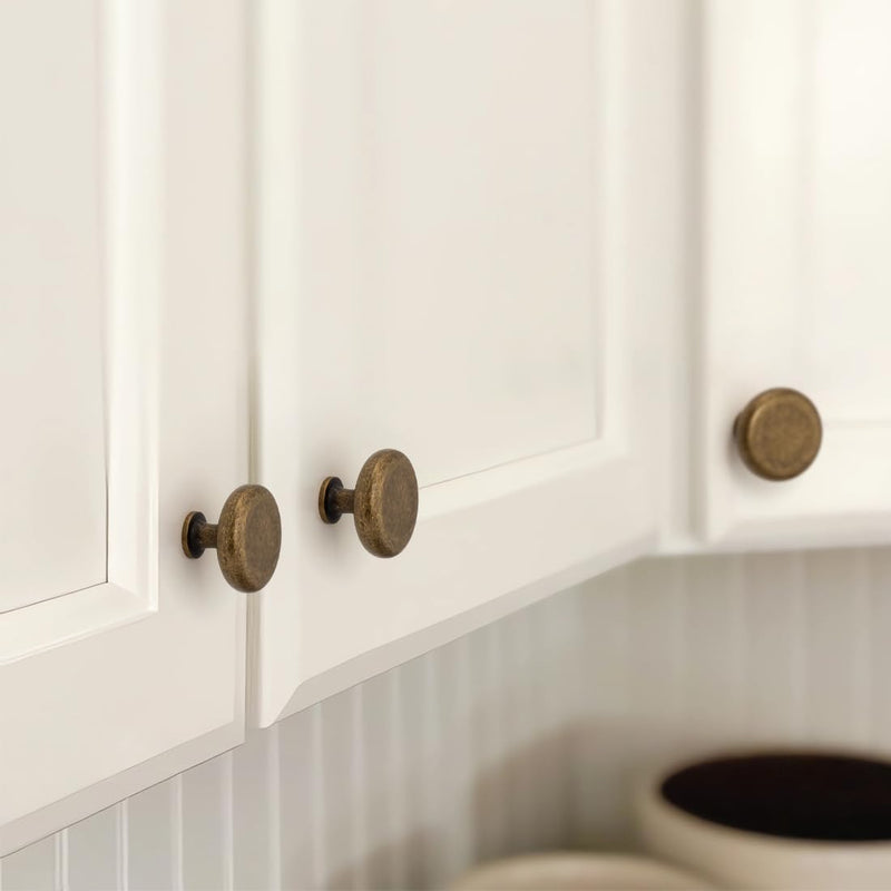 YAGU 6 Pack Antique Brass Kitchen Cabinet Knobs 1-1/4 Inch Round Solid Aged Bronze Dresser Drawer Knob Vintage Brass Furniture Hardware Pulls for Closet Cupboard Wardrobe