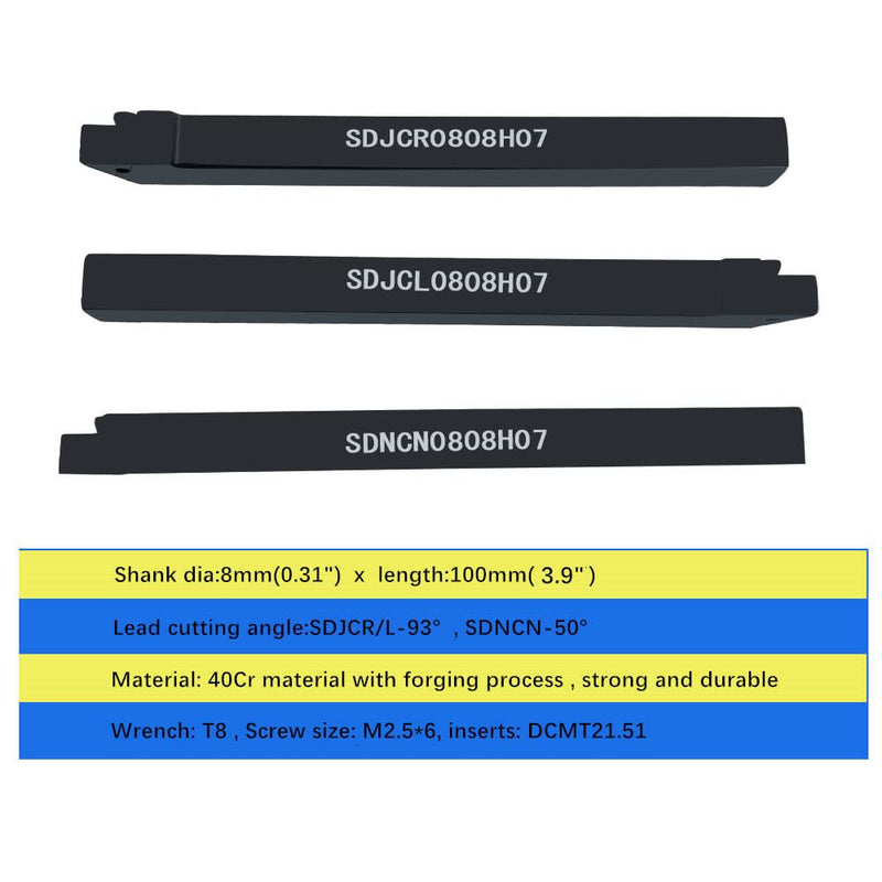 10pcs DCMT070204 DCMT21.51 Carbide Turning Inserts with 3pcs Indexable Turning Tool Holders SDJCR0808H07 + SDJCL0808H07 + SDNCN0808H07 CNC Lather Tools 3pcs tool holders + dcmt21.51