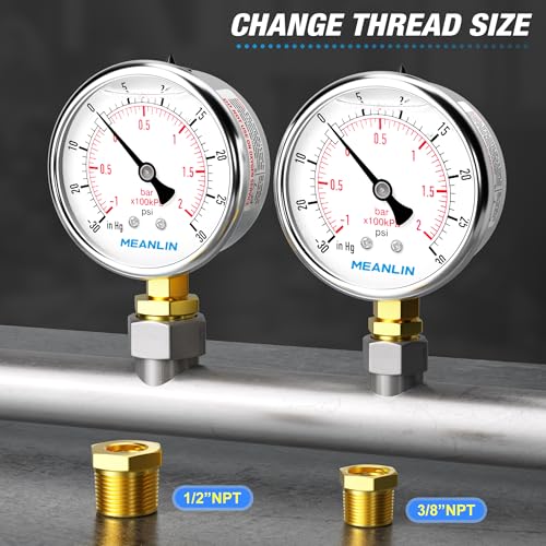 MEANLIN MEASURE -30inHG~30Psi Stainless Steel 1/4" NPT 2.5" FACE DIAL Vacuum Pressure Gauge, Lower Mount, with 1/2" NPT and 3/8" NPT Hex Bushing -30inHG-30Psi