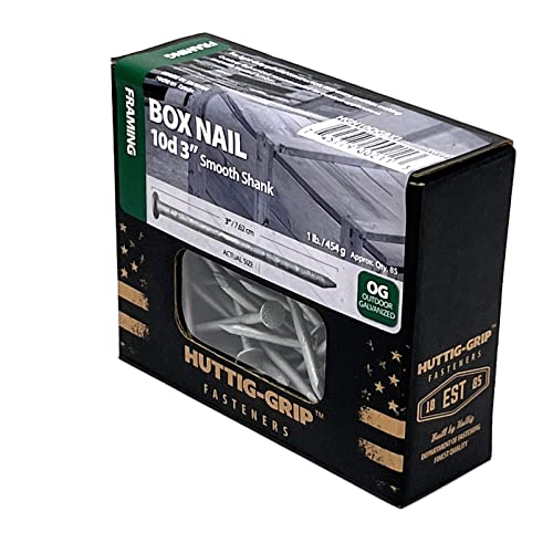 Huttig-Grip 3 in Framing Box Nails 10d Size, 10-1/2 Gauge, Outdoor Galvanized Finish, 1 lb Pack of 85 Nails 3 in - 1 lb Pack