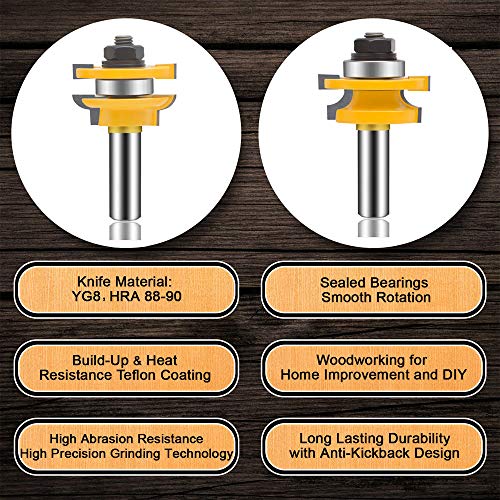OLETBE 1/2-Inch Shank Router Bit Set 3 PCS Round Over Raised Panel Cabinet Door Ogee Rail and Stile Router Bits Sets, Woodworking Wood Cutter Woodwork Carbide Groove Tongue Milling Tool (4) 4